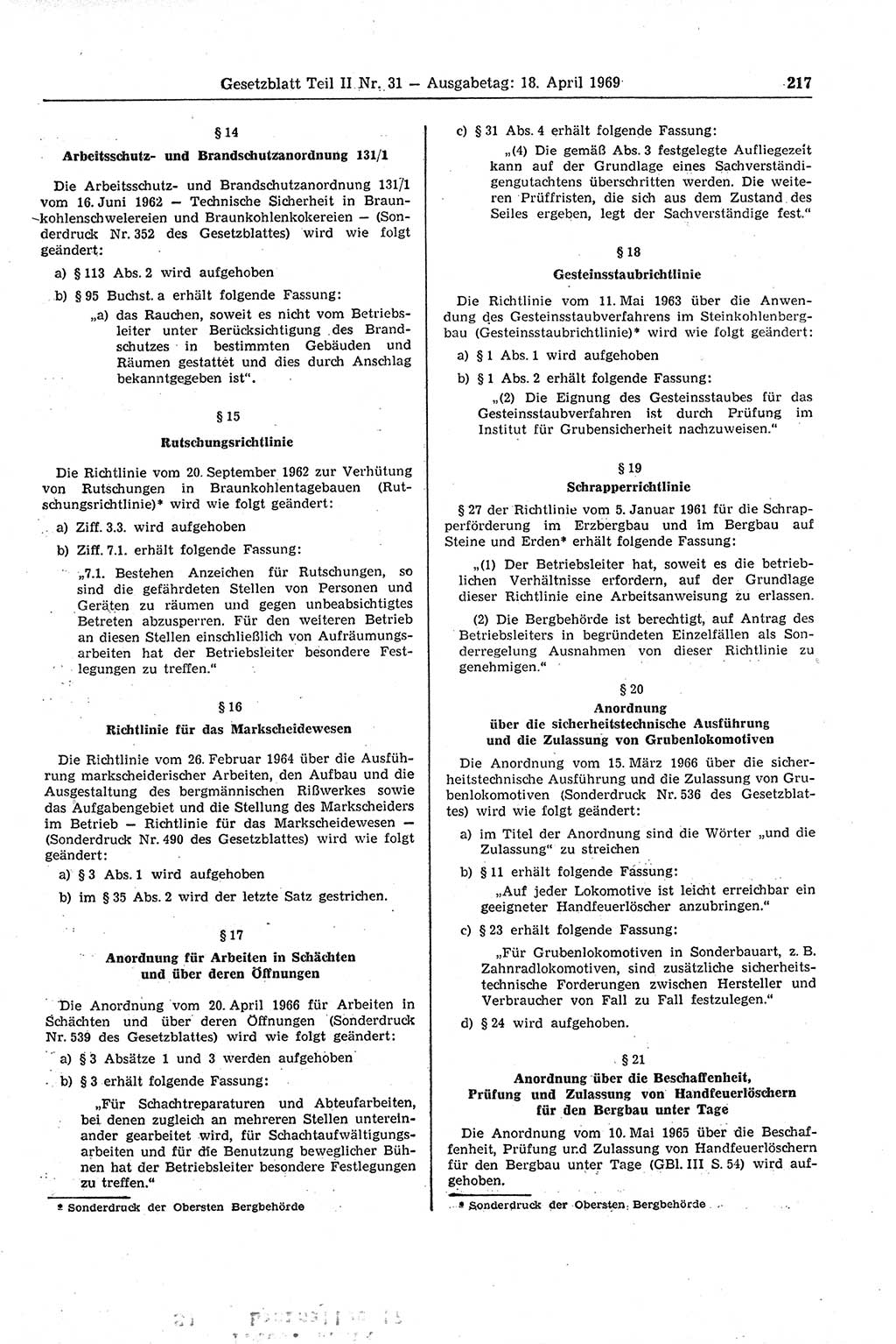 Gesetzblatt (GBl.) der Deutschen Demokratischen Republik (DDR) Teil ⅠⅠ 1969, Seite 217 (GBl. DDR ⅠⅠ 1969, S. 217)