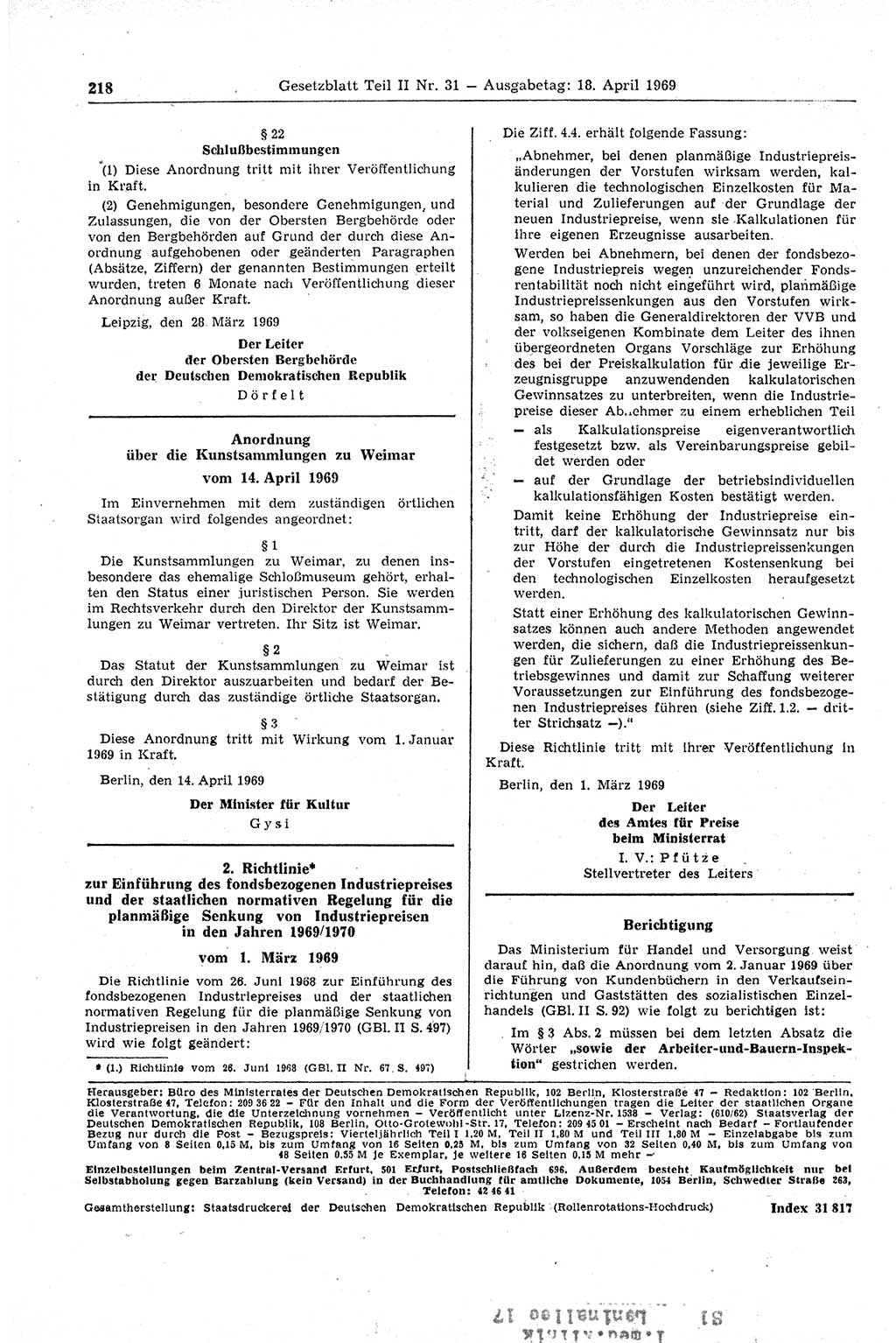 Gesetzblatt (GBl.) der Deutschen Demokratischen Republik (DDR) Teil ⅠⅠ 1969, Seite 218 (GBl. DDR ⅠⅠ 1969, S. 218)