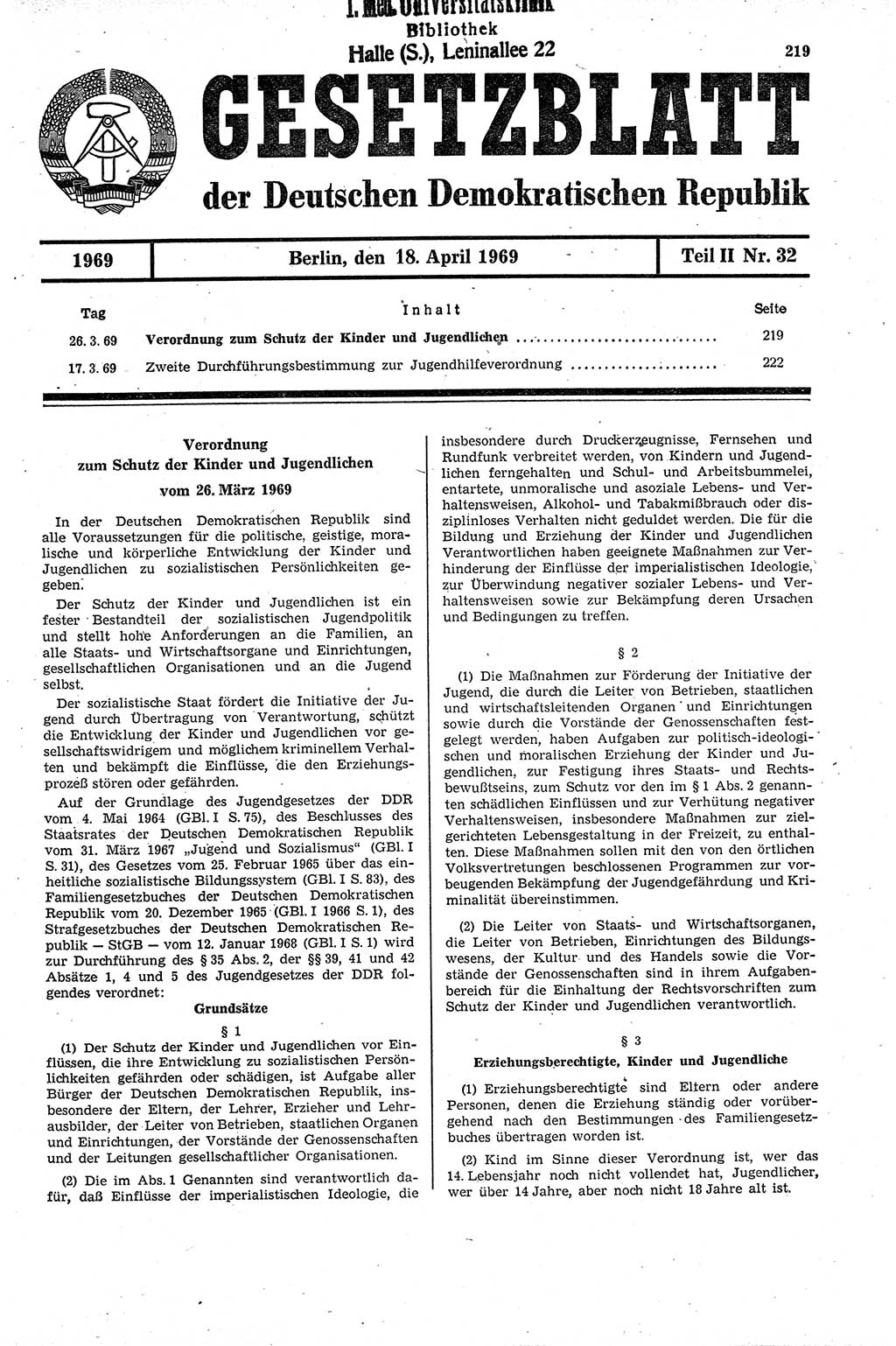 Gesetzblatt (GBl.) der Deutschen Demokratischen Republik (DDR) Teil ⅠⅠ 1969, Seite 219 (GBl. DDR ⅠⅠ 1969, S. 219)