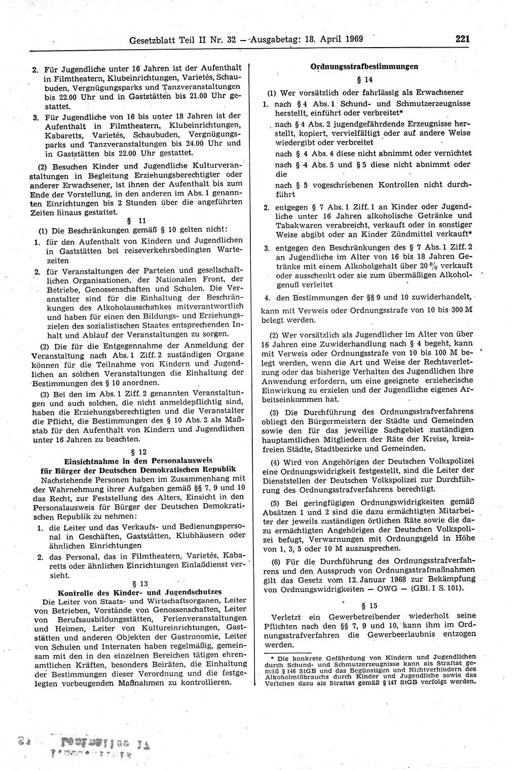 Gesetzblatt (GBl.) der Deutschen Demokratischen Republik (DDR) Teil ⅠⅠ 1969, Seite 221 (GBl. DDR ⅠⅠ 1969, S. 221)