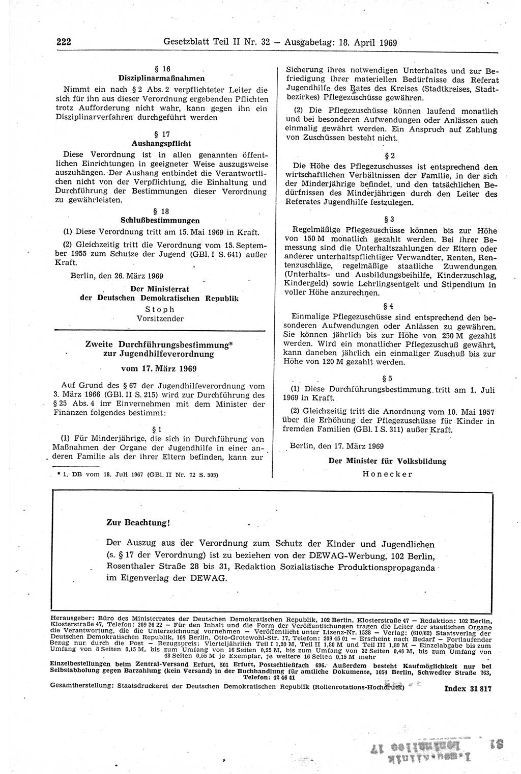 Gesetzblatt (GBl.) der Deutschen Demokratischen Republik (DDR) Teil ⅠⅠ 1969, Seite 222 (GBl. DDR ⅠⅠ 1969, S. 222)
