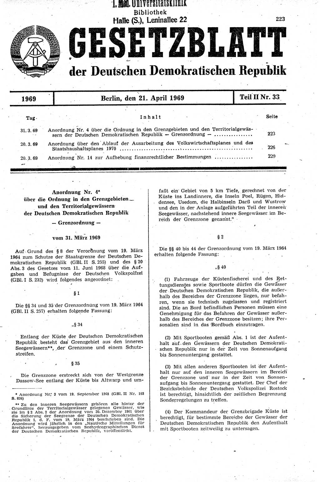 Gesetzblatt (GBl.) der Deutschen Demokratischen Republik (DDR) Teil ⅠⅠ 1969, Seite 223 (GBl. DDR ⅠⅠ 1969, S. 223)