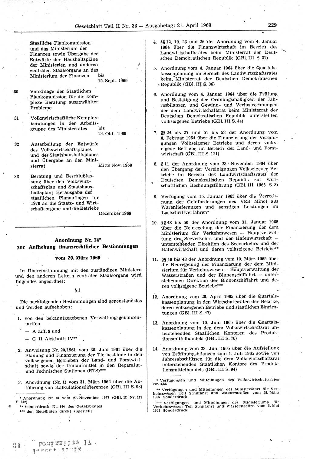 Gesetzblatt (GBl.) der Deutschen Demokratischen Republik (DDR) Teil ⅠⅠ 1969, Seite 229 (GBl. DDR ⅠⅠ 1969, S. 229)
