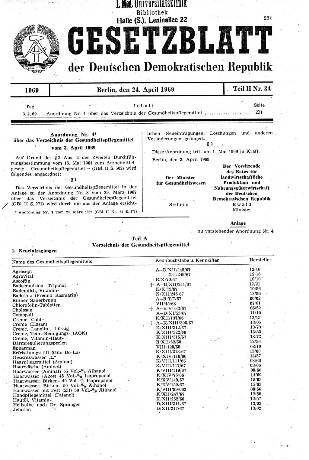 Gesetzblatt (GBl.) der Deutschen Demokratischen Republik (DDR) Teil ⅠⅠ 1969, Seite 231 (GBl. DDR ⅠⅠ 1969, S. 231)