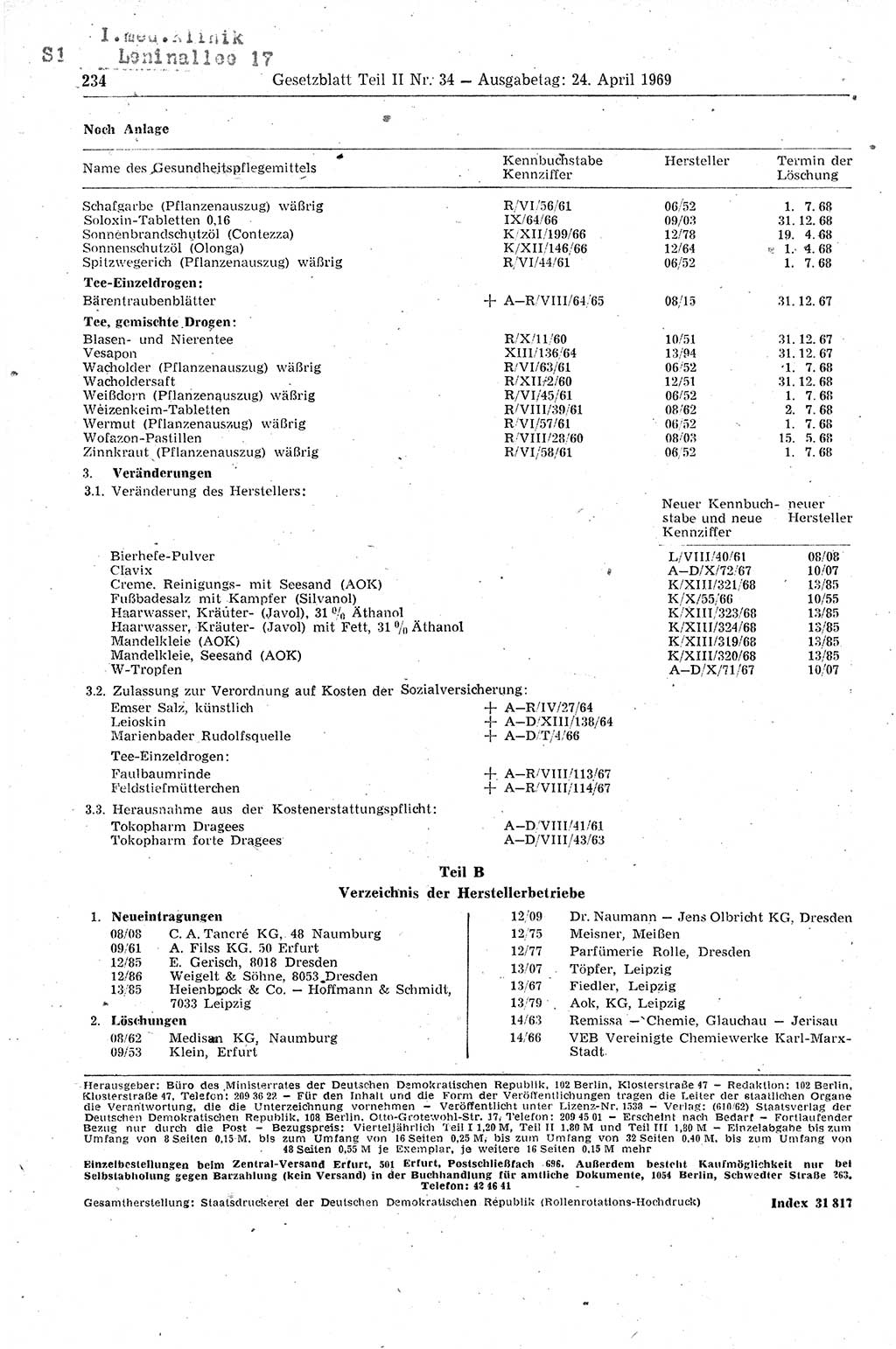 Gesetzblatt (GBl.) der Deutschen Demokratischen Republik (DDR) Teil ⅠⅠ 1969, Seite 234 (GBl. DDR ⅠⅠ 1969, S. 234)