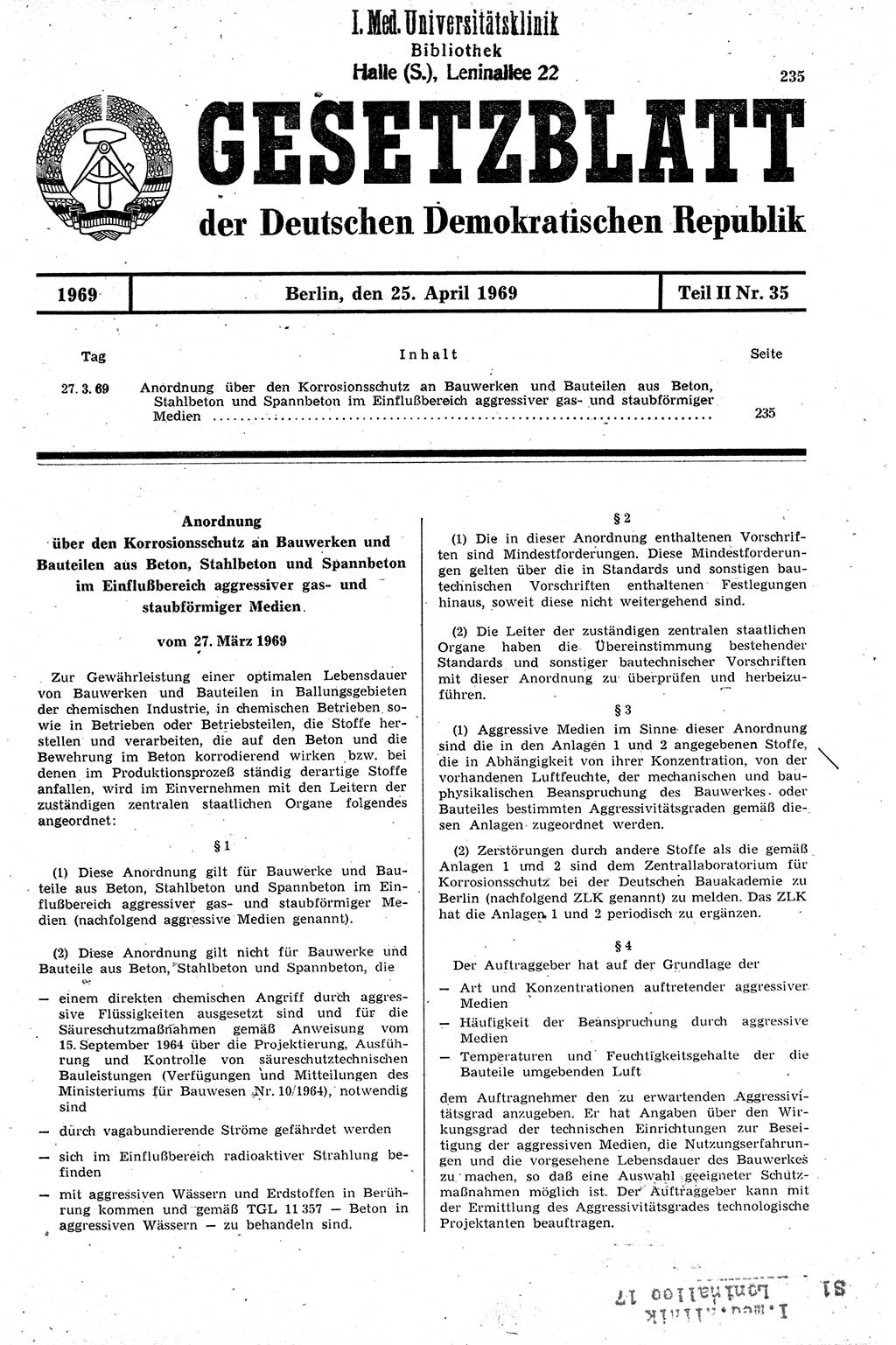 Gesetzblatt (GBl.) der Deutschen Demokratischen Republik (DDR) Teil ⅠⅠ 1969, Seite 235 (GBl. DDR ⅠⅠ 1969, S. 235)