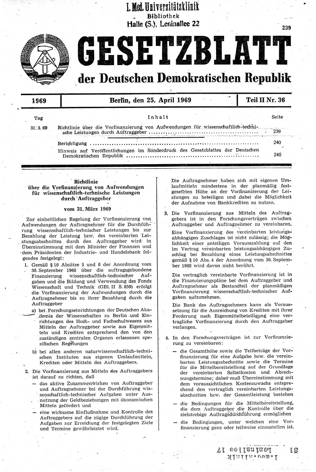 Gesetzblatt (GBl.) der Deutschen Demokratischen Republik (DDR) Teil ⅠⅠ 1969, Seite 239 (GBl. DDR ⅠⅠ 1969, S. 239)