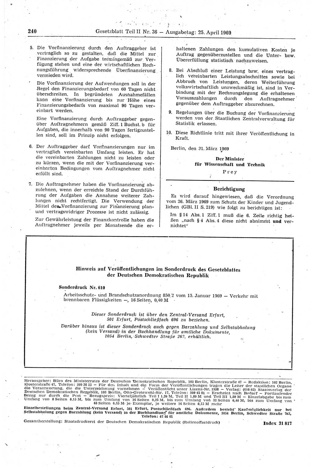 Gesetzblatt (GBl.) der Deutschen Demokratischen Republik (DDR) Teil ⅠⅠ 1969, Seite 240 (GBl. DDR ⅠⅠ 1969, S. 240)