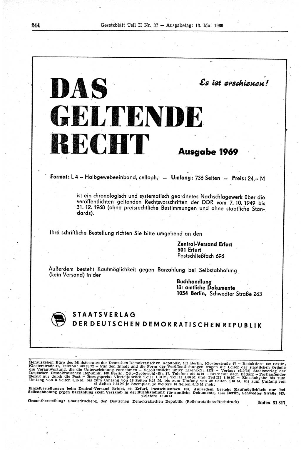 Gesetzblatt (GBl.) der Deutschen Demokratischen Republik (DDR) Teil ⅠⅠ 1969, Seite 244 (GBl. DDR ⅠⅠ 1969, S. 244)