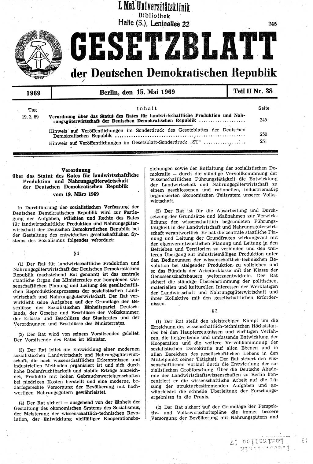Gesetzblatt (GBl.) der Deutschen Demokratischen Republik (DDR) Teil ⅠⅠ 1969, Seite 245 (GBl. DDR ⅠⅠ 1969, S. 245)