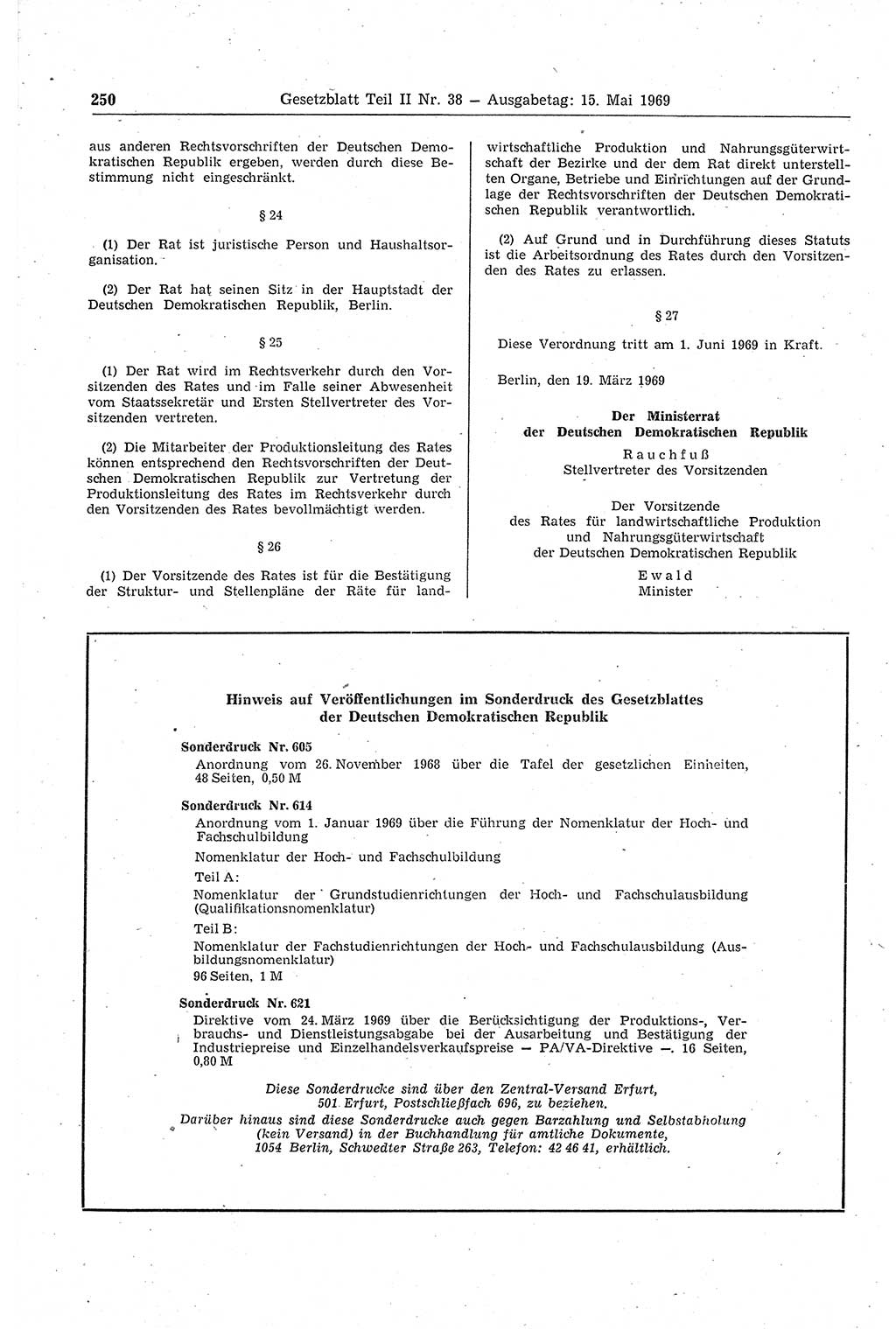 Gesetzblatt (GBl.) der Deutschen Demokratischen Republik (DDR) Teil ⅠⅠ 1969, Seite 250 (GBl. DDR ⅠⅠ 1969, S. 250)