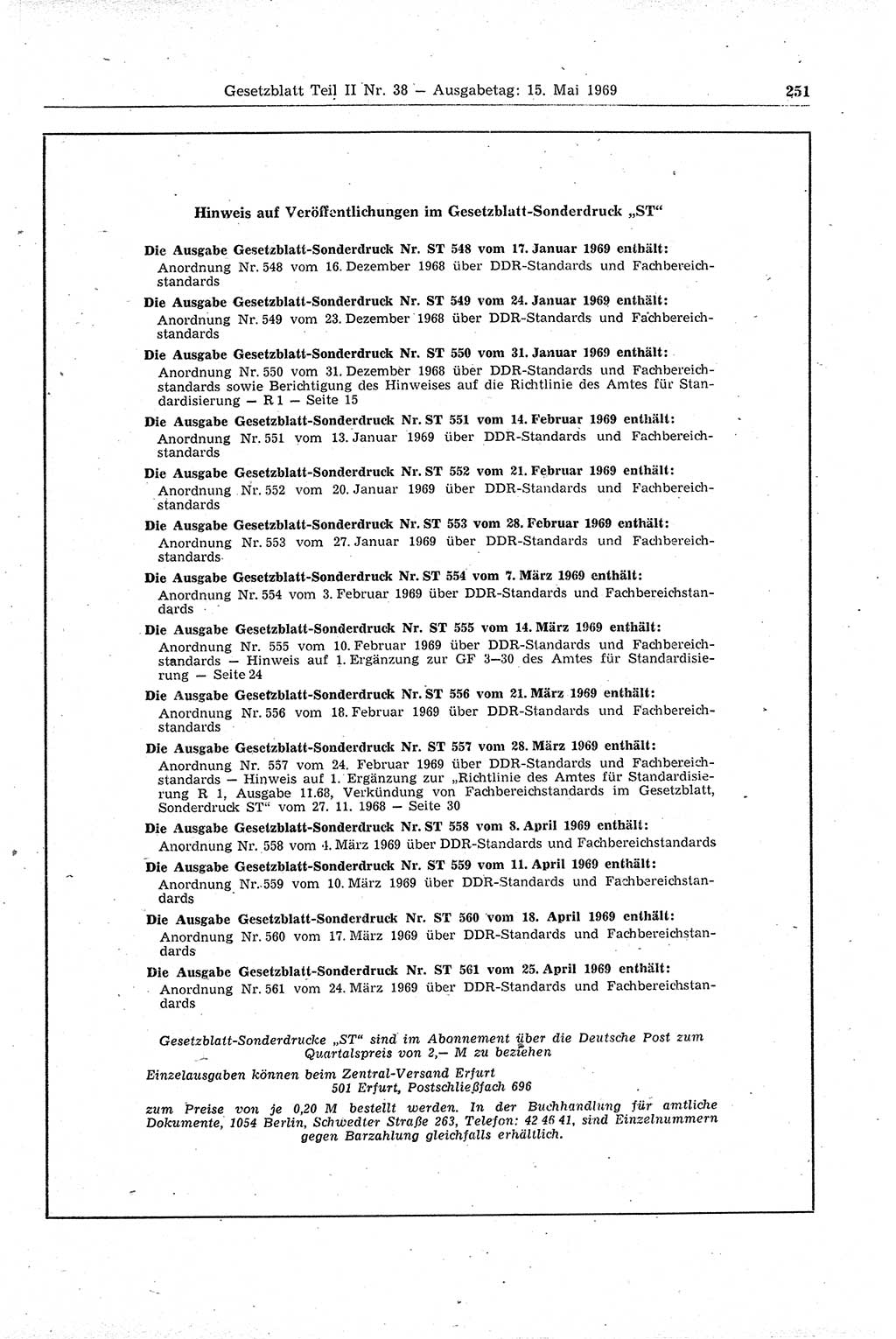 Gesetzblatt (GBl.) der Deutschen Demokratischen Republik (DDR) Teil ⅠⅠ 1969, Seite 251 (GBl. DDR ⅠⅠ 1969, S. 251)