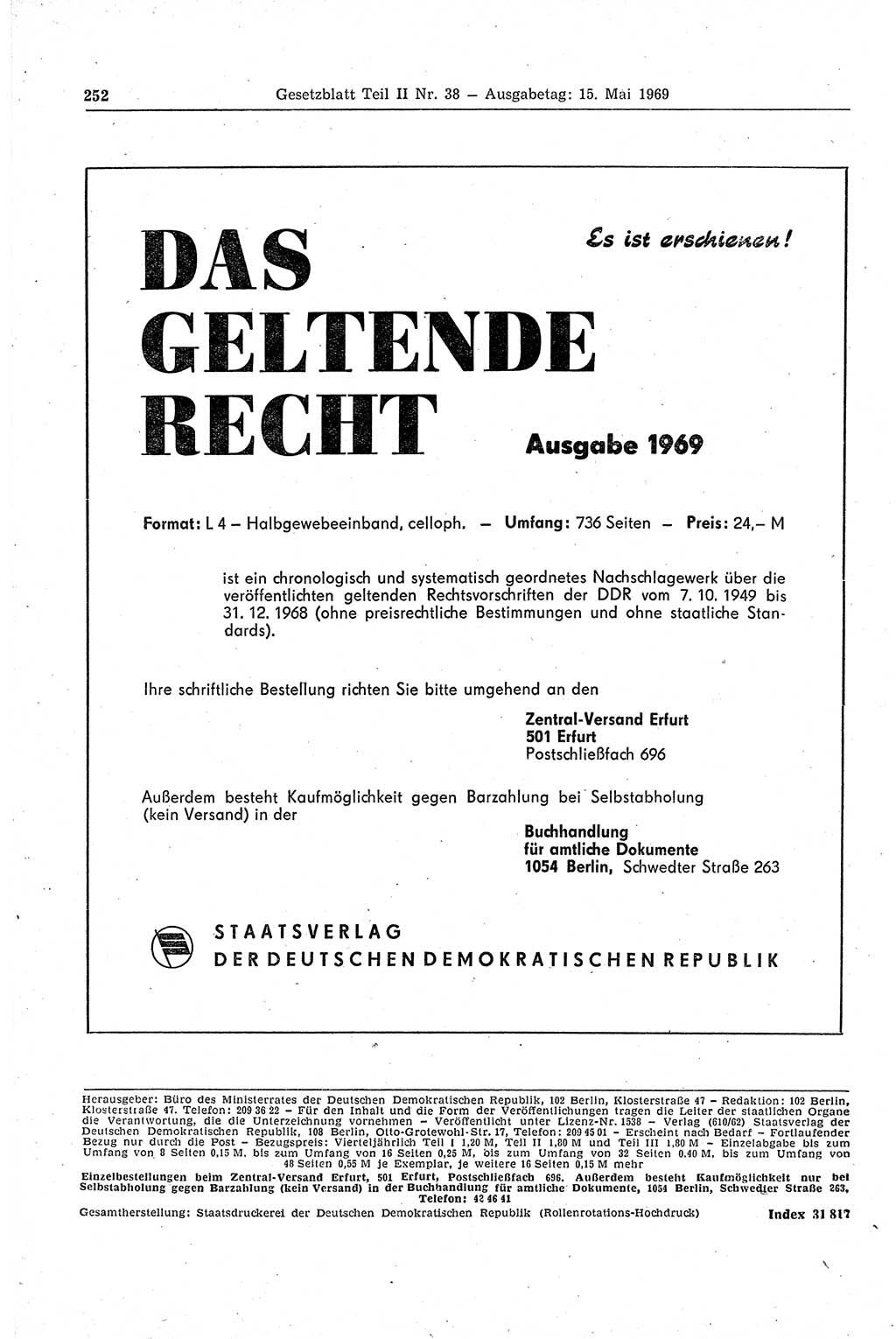 Gesetzblatt (GBl.) der Deutschen Demokratischen Republik (DDR) Teil ⅠⅠ 1969, Seite 252 (GBl. DDR ⅠⅠ 1969, S. 252)