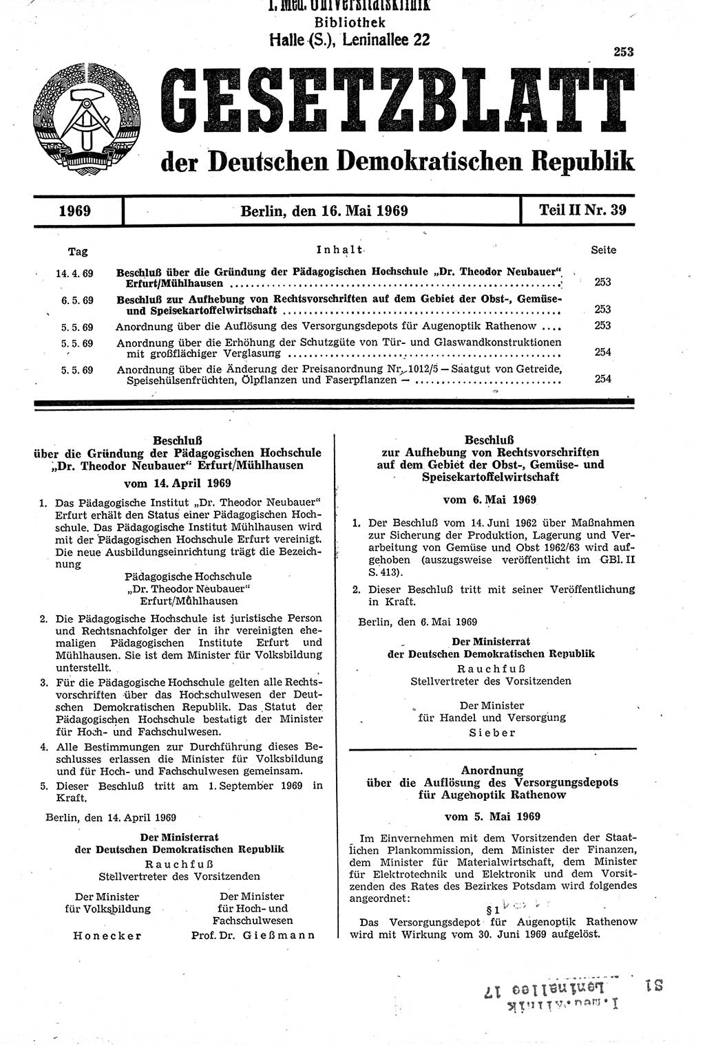 Gesetzblatt (GBl.) der Deutschen Demokratischen Republik (DDR) Teil ⅠⅠ 1969, Seite 253 (GBl. DDR ⅠⅠ 1969, S. 253)