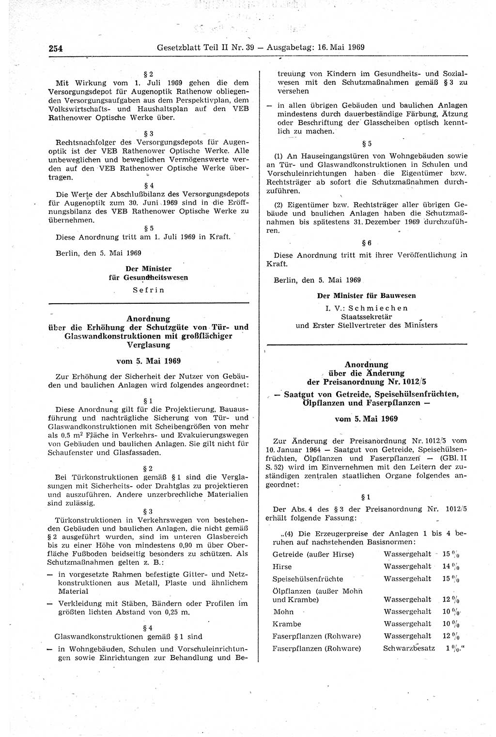 Gesetzblatt (GBl.) der Deutschen Demokratischen Republik (DDR) Teil ⅠⅠ 1969, Seite 254 (GBl. DDR ⅠⅠ 1969, S. 254)