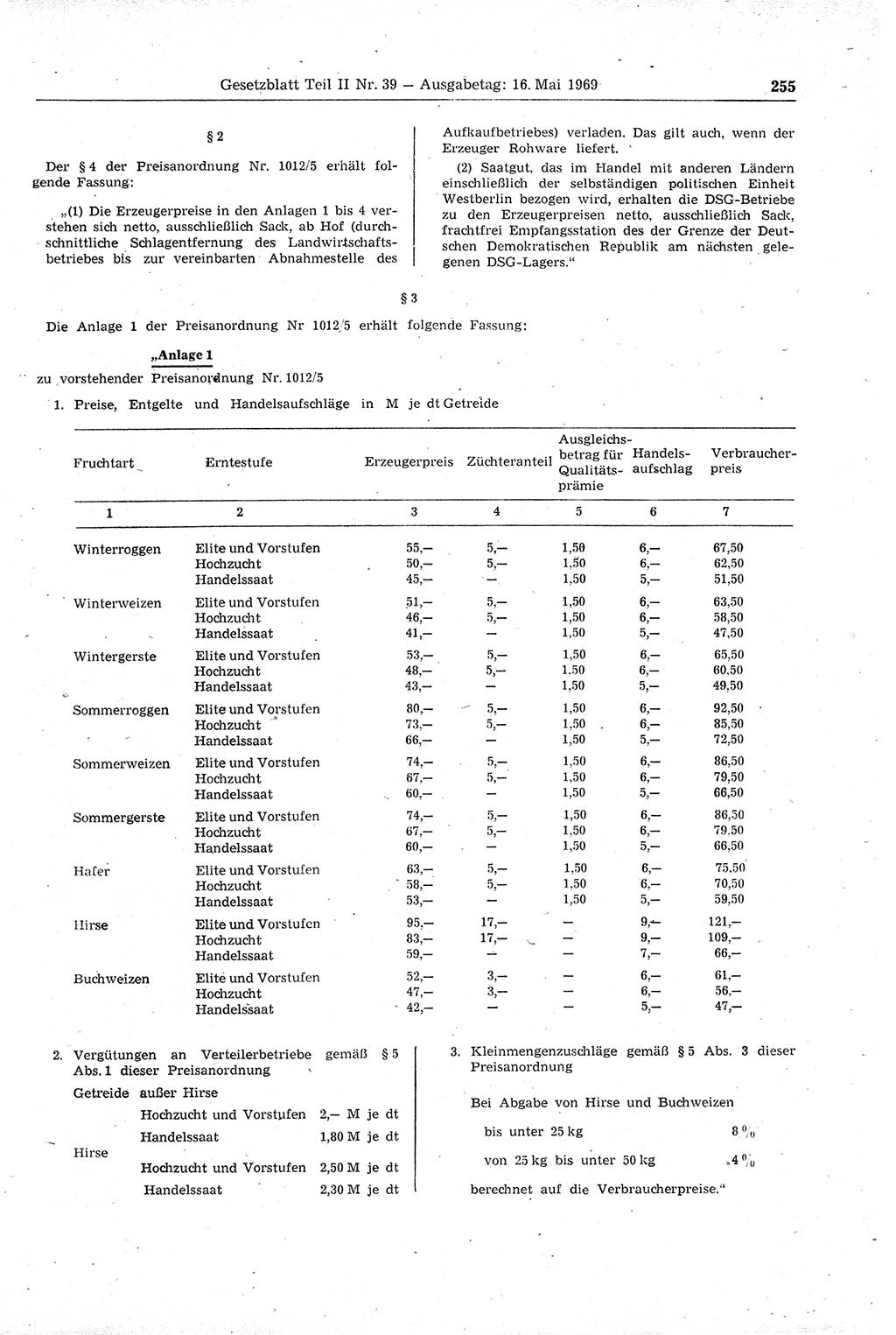 Gesetzblatt (GBl.) der Deutschen Demokratischen Republik (DDR) Teil ⅠⅠ 1969, Seite 255 (GBl. DDR ⅠⅠ 1969, S. 255)