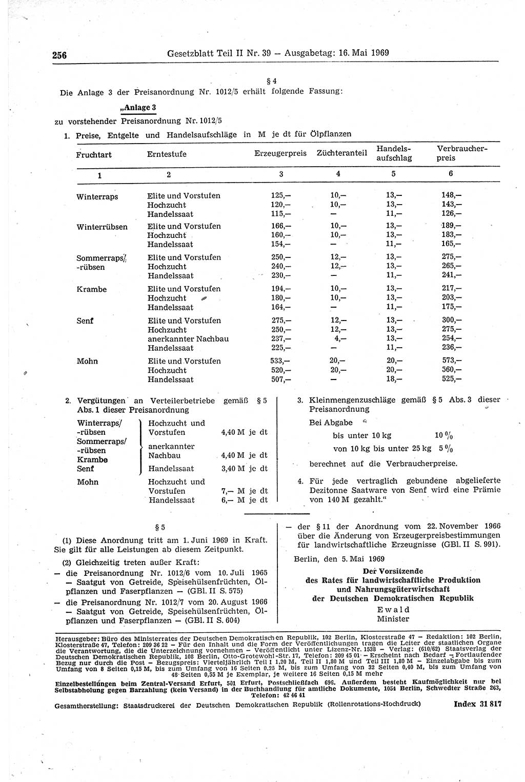 Gesetzblatt (GBl.) der Deutschen Demokratischen Republik (DDR) Teil ⅠⅠ 1969, Seite 256 (GBl. DDR ⅠⅠ 1969, S. 256)