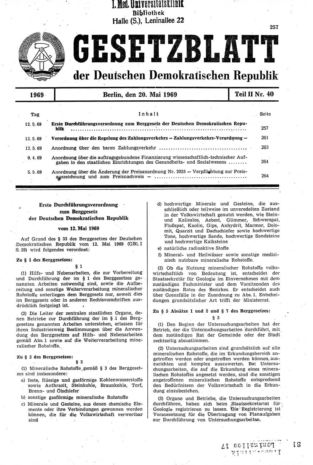 Gesetzblatt (GBl.) der Deutschen Demokratischen Republik (DDR) Teil ⅠⅠ 1969, Seite 257 (GBl. DDR ⅠⅠ 1969, S. 257)