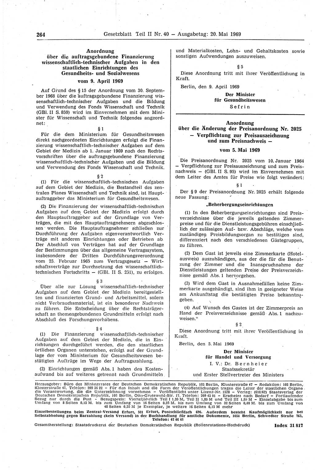 Gesetzblatt (GBl.) der Deutschen Demokratischen Republik (DDR) Teil ⅠⅠ 1969, Seite 264 (GBl. DDR ⅠⅠ 1969, S. 264)