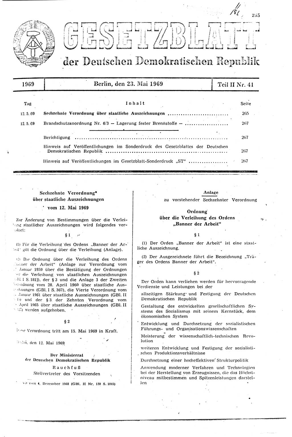 Gesetzblatt (GBl.) der Deutschen Demokratischen Republik (DDR) Teil ⅠⅠ 1969, Seite 265 (GBl. DDR ⅠⅠ 1969, S. 265)
