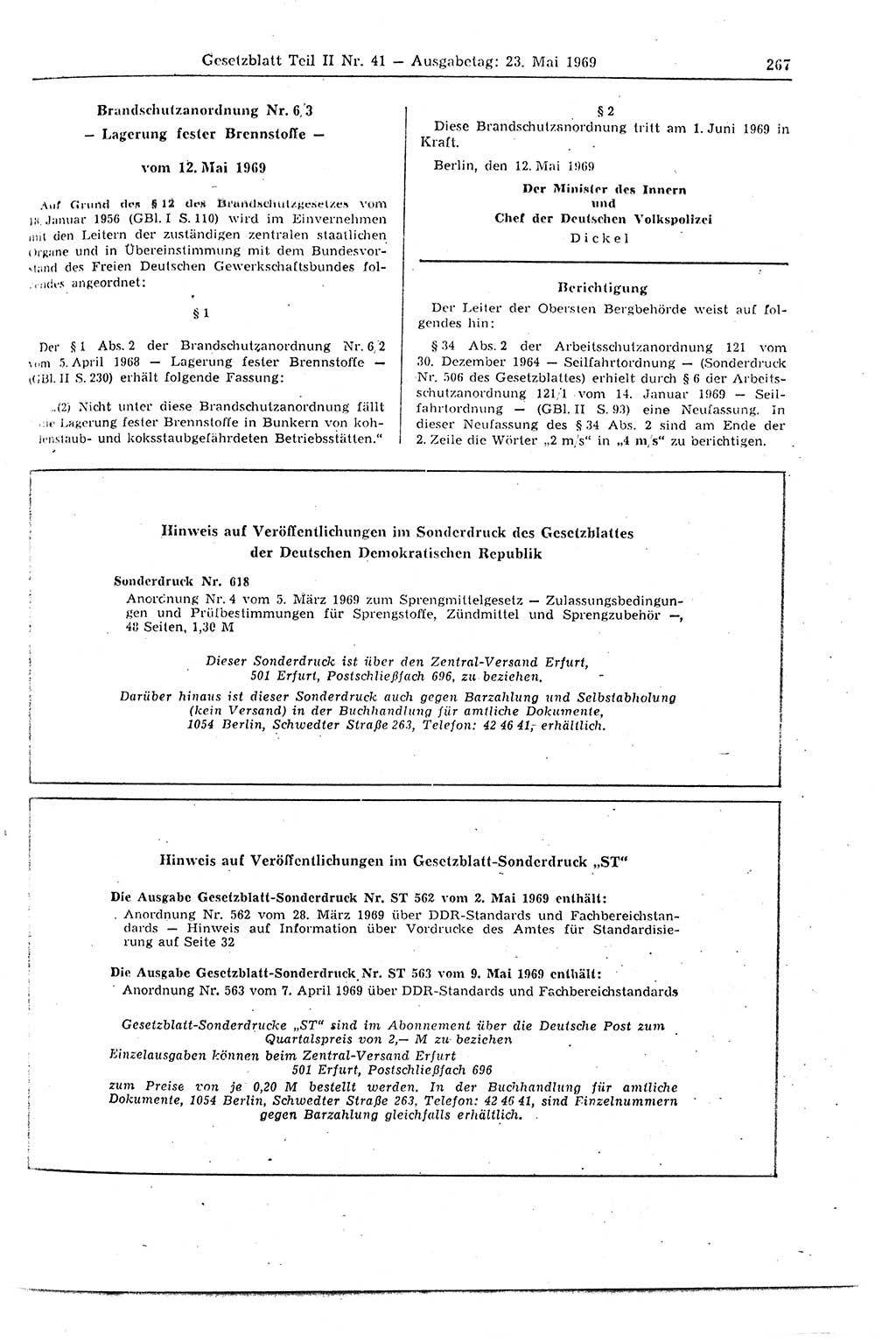 Gesetzblatt (GBl.) der Deutschen Demokratischen Republik (DDR) Teil ⅠⅠ 1969, Seite 267 (GBl. DDR ⅠⅠ 1969, S. 267)