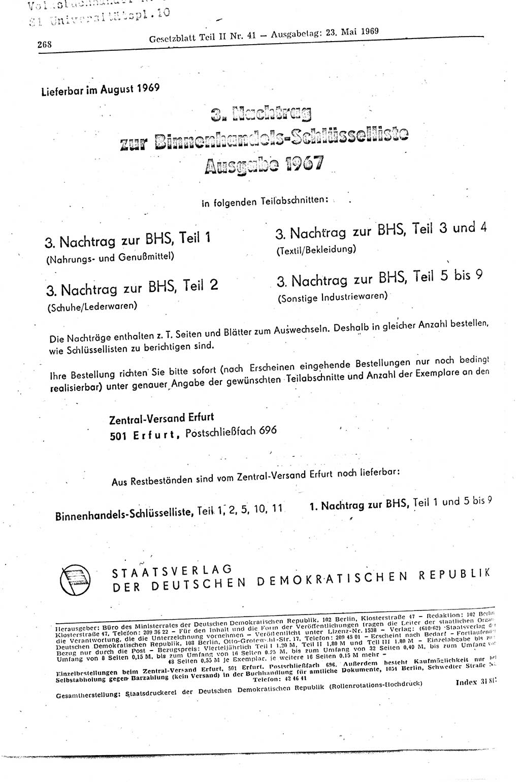 Gesetzblatt (GBl.) der Deutschen Demokratischen Republik (DDR) Teil ⅠⅠ 1969, Seite 268 (GBl. DDR ⅠⅠ 1969, S. 268)