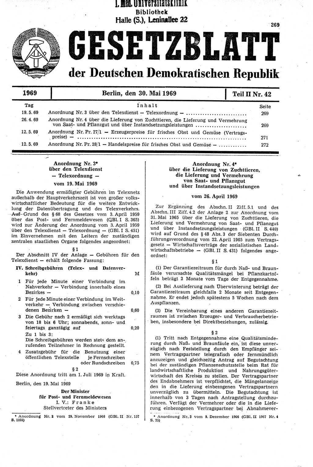 Gesetzblatt (GBl.) der Deutschen Demokratischen Republik (DDR) Teil ⅠⅠ 1969, Seite 269 (GBl. DDR ⅠⅠ 1969, S. 269)