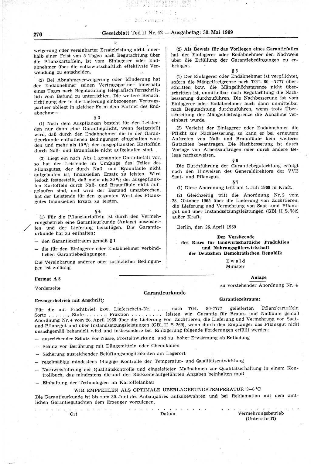 Gesetzblatt (GBl.) der Deutschen Demokratischen Republik (DDR) Teil ⅠⅠ 1969, Seite 270 (GBl. DDR ⅠⅠ 1969, S. 270)