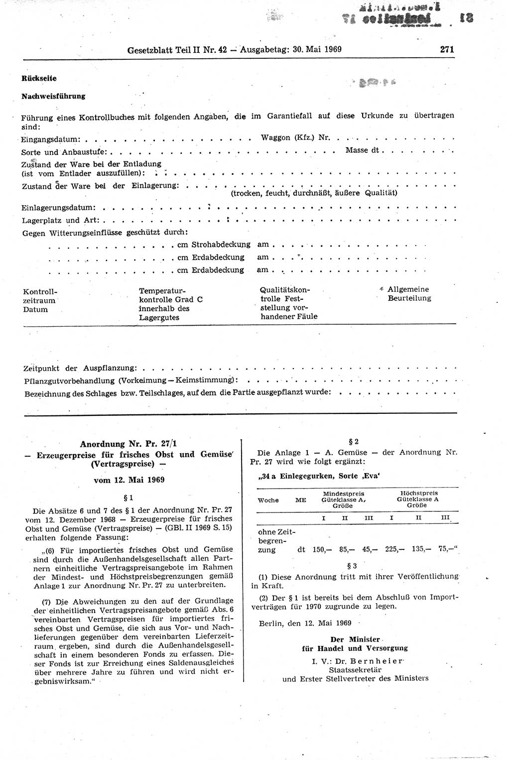 Gesetzblatt (GBl.) der Deutschen Demokratischen Republik (DDR) Teil ⅠⅠ 1969, Seite 271 (GBl. DDR ⅠⅠ 1969, S. 271)