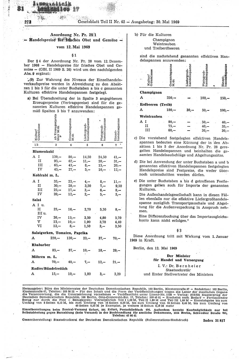 Gesetzblatt (GBl.) der Deutschen Demokratischen Republik (DDR) Teil ⅠⅠ 1969, Seite 272 (GBl. DDR ⅠⅠ 1969, S. 272)