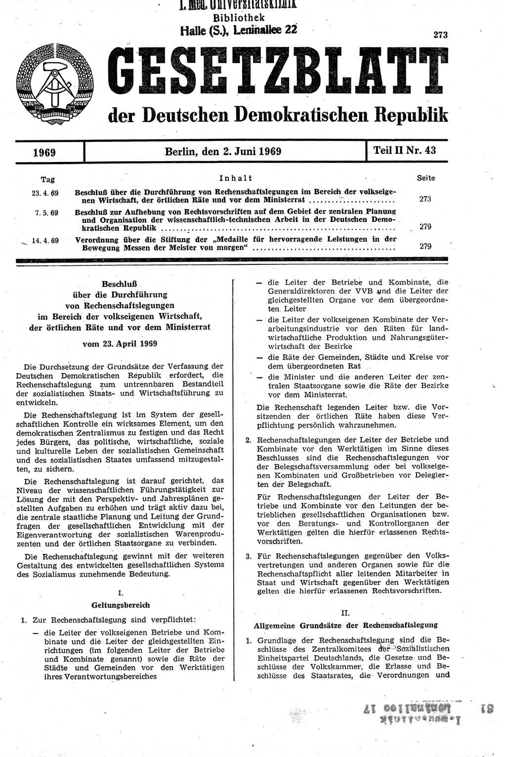 Gesetzblatt (GBl.) der Deutschen Demokratischen Republik (DDR) Teil ⅠⅠ 1969, Seite 273 (GBl. DDR ⅠⅠ 1969, S. 273)