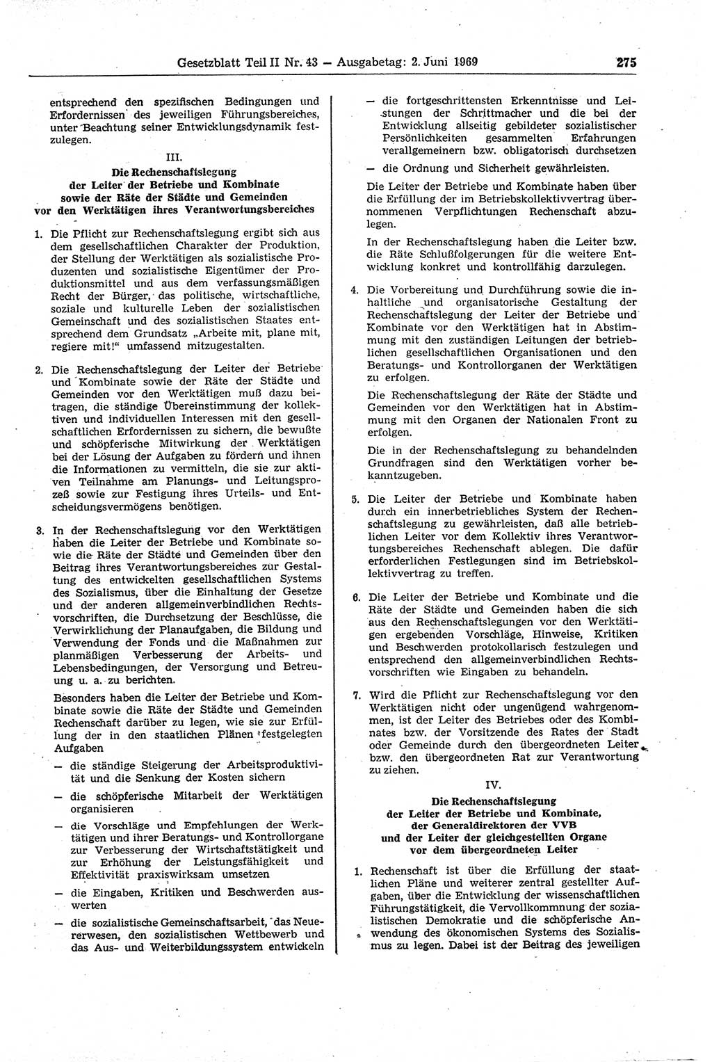 Gesetzblatt (GBl.) der Deutschen Demokratischen Republik (DDR) Teil ⅠⅠ 1969, Seite 275 (GBl. DDR ⅠⅠ 1969, S. 275)