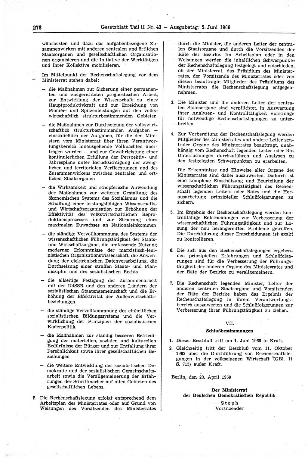 Gesetzblatt (GBl.) der Deutschen Demokratischen Republik (DDR) Teil ⅠⅠ 1969, Seite 278 (GBl. DDR ⅠⅠ 1969, S. 278)