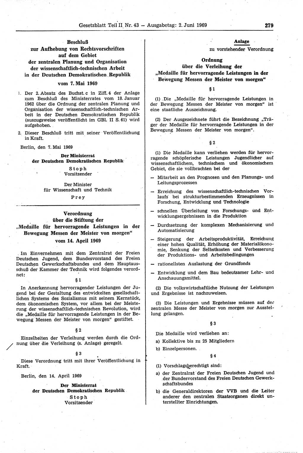 Gesetzblatt (GBl.) der Deutschen Demokratischen Republik (DDR) Teil ⅠⅠ 1969, Seite 279 (GBl. DDR ⅠⅠ 1969, S. 279)