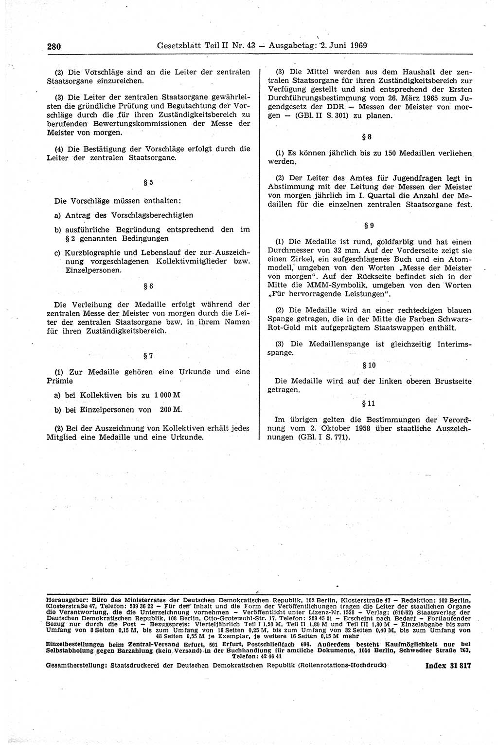 Gesetzblatt (GBl.) der Deutschen Demokratischen Republik (DDR) Teil ⅠⅠ 1969, Seite 280 (GBl. DDR ⅠⅠ 1969, S. 280)