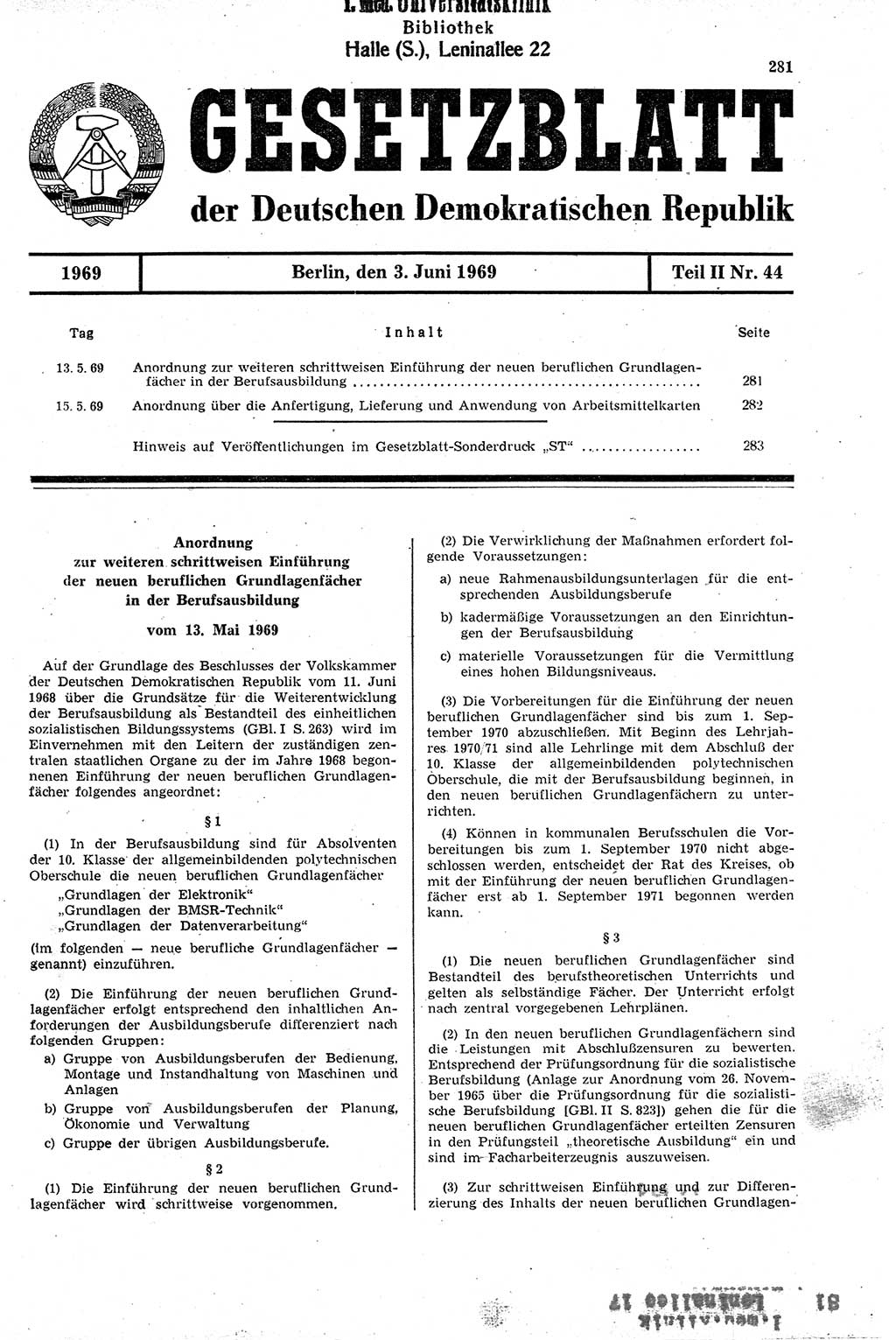 Gesetzblatt (GBl.) der Deutschen Demokratischen Republik (DDR) Teil ⅠⅠ 1969, Seite 281 (GBl. DDR ⅠⅠ 1969, S. 281)
