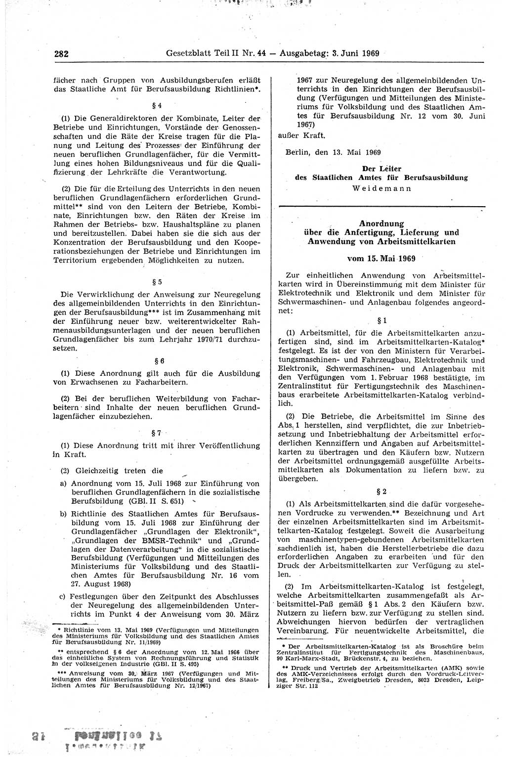 Gesetzblatt (GBl.) der Deutschen Demokratischen Republik (DDR) Teil ⅠⅠ 1969, Seite 282 (GBl. DDR ⅠⅠ 1969, S. 282)
