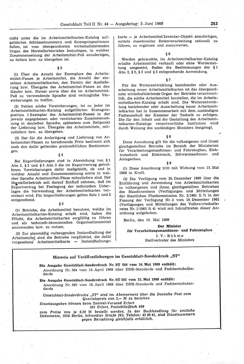Gesetzblatt (GBl.) der Deutschen Demokratischen Republik (DDR) Teil ⅠⅠ 1969, Seite 283 (GBl. DDR ⅠⅠ 1969, S. 283)