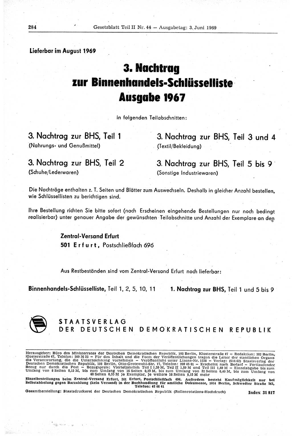 Gesetzblatt (GBl.) der Deutschen Demokratischen Republik (DDR) Teil ⅠⅠ 1969, Seite 284 (GBl. DDR ⅠⅠ 1969, S. 284)