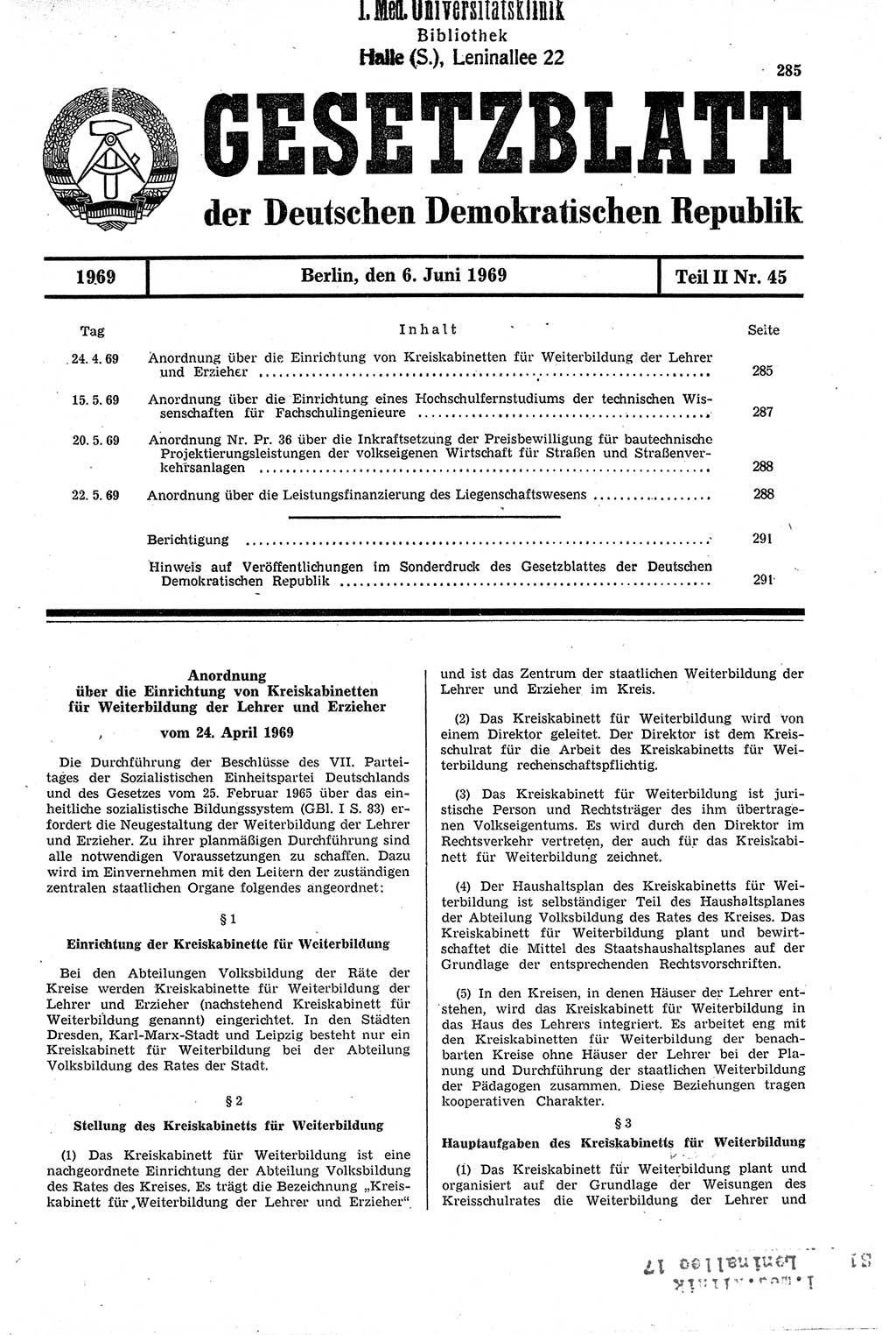 Gesetzblatt (GBl.) der Deutschen Demokratischen Republik (DDR) Teil ⅠⅠ 1969, Seite 285 (GBl. DDR ⅠⅠ 1969, S. 285)
