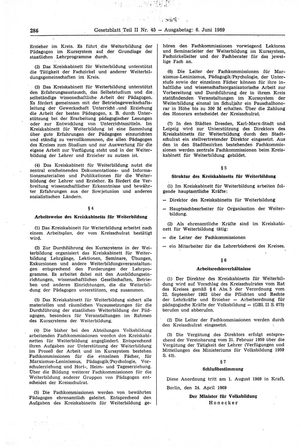 Gesetzblatt (GBl.) der Deutschen Demokratischen Republik (DDR) Teil ⅠⅠ 1969, Seite 286 (GBl. DDR ⅠⅠ 1969, S. 286)