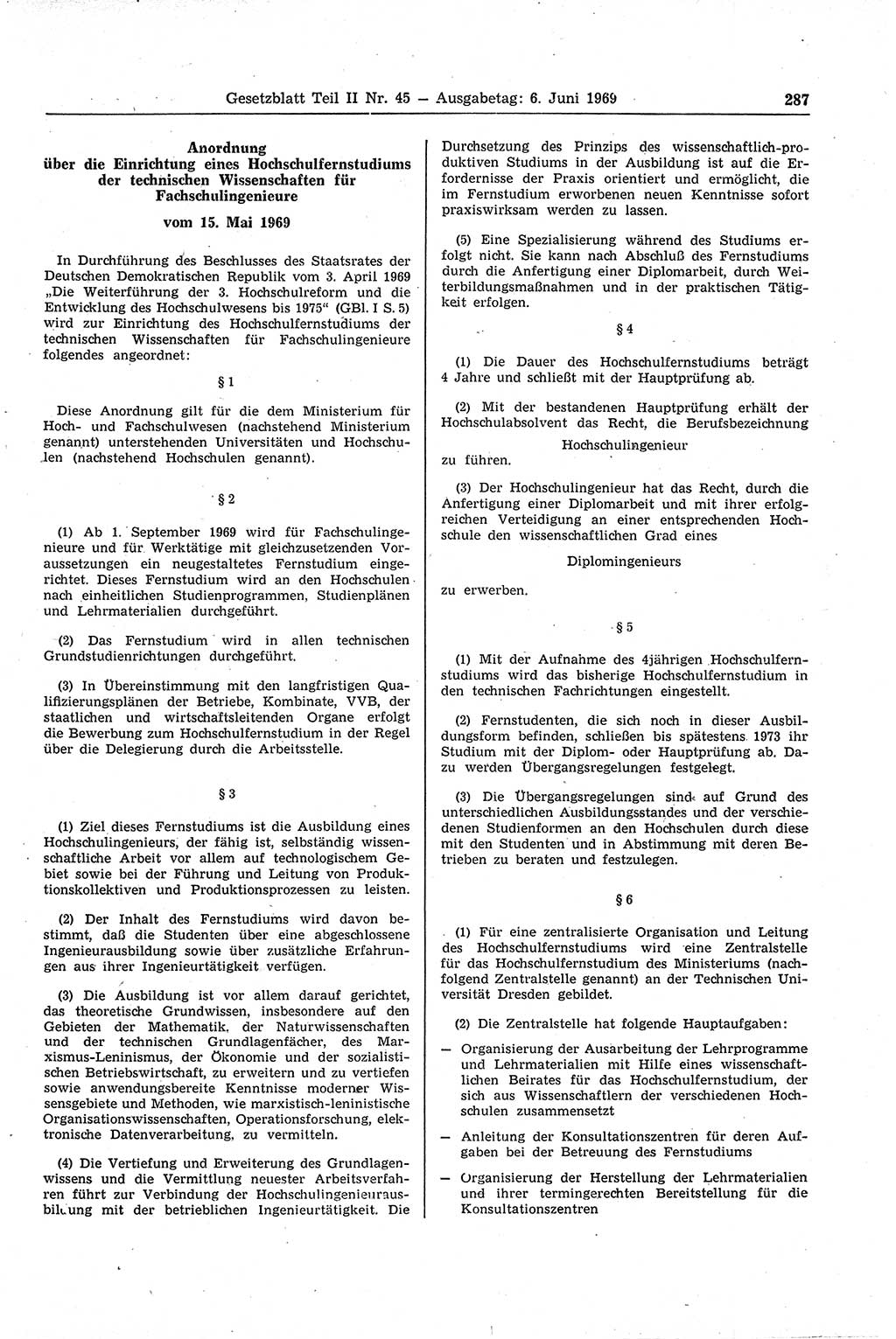 Gesetzblatt (GBl.) der Deutschen Demokratischen Republik (DDR) Teil ⅠⅠ 1969, Seite 287 (GBl. DDR ⅠⅠ 1969, S. 287)