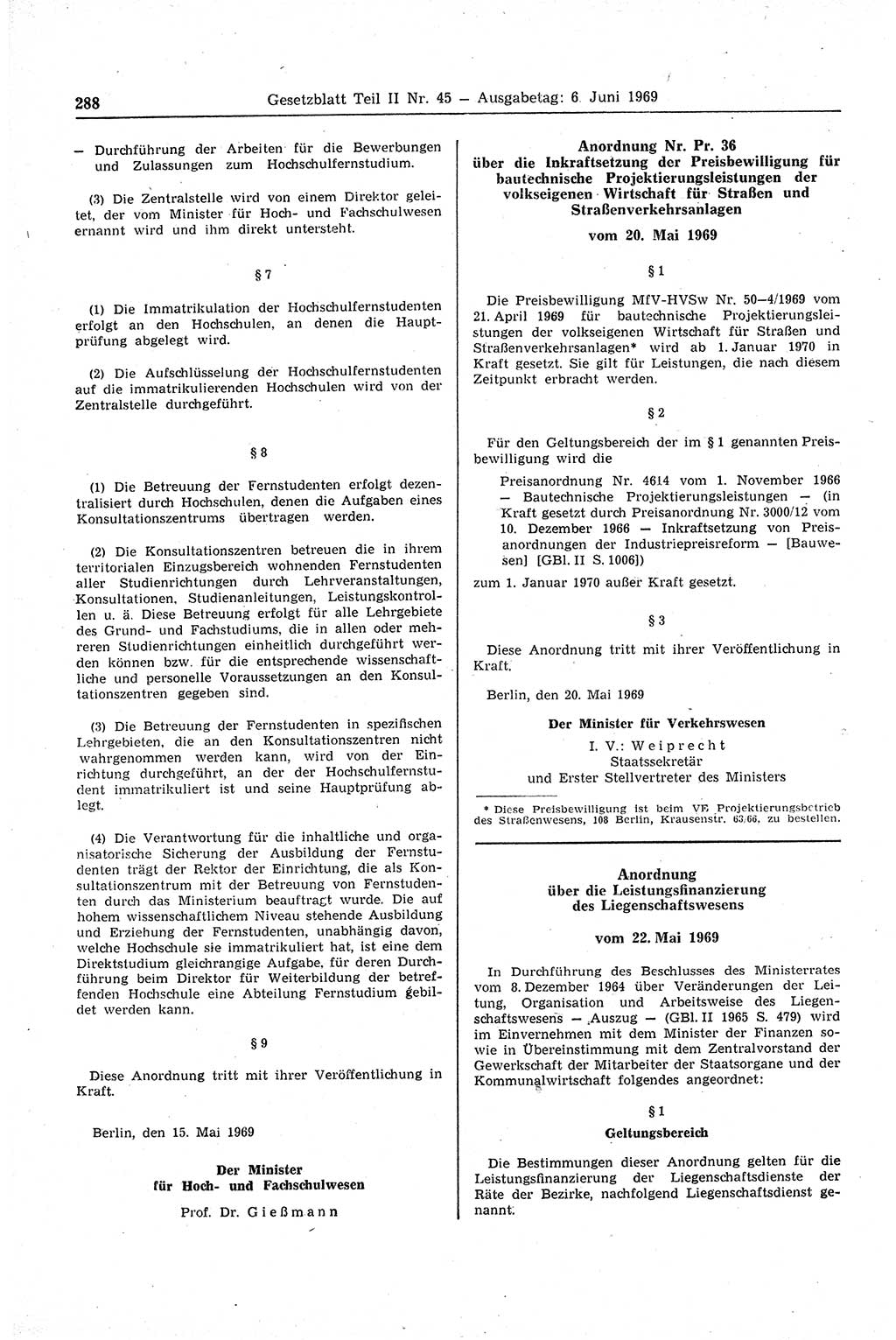 Gesetzblatt (GBl.) der Deutschen Demokratischen Republik (DDR) Teil ⅠⅠ 1969, Seite 288 (GBl. DDR ⅠⅠ 1969, S. 288)