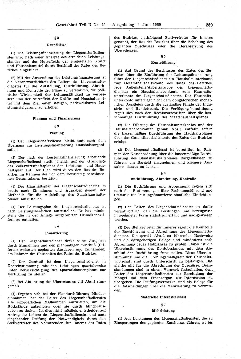 Gesetzblatt (GBl.) der Deutschen Demokratischen Republik (DDR) Teil ⅠⅠ 1969, Seite 289 (GBl. DDR ⅠⅠ 1969, S. 289)