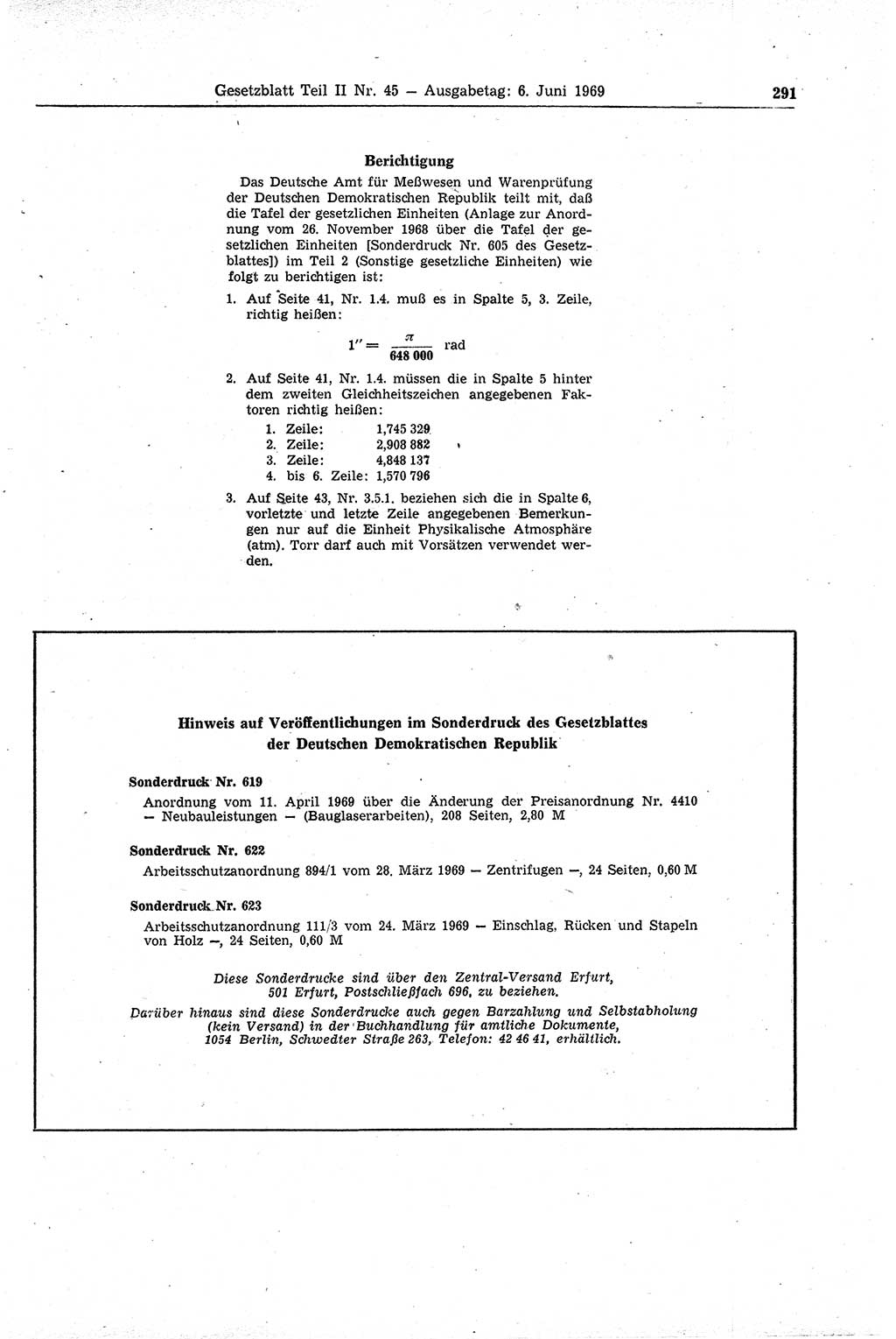 Gesetzblatt (GBl.) der Deutschen Demokratischen Republik (DDR) Teil ⅠⅠ 1969, Seite 291 (GBl. DDR ⅠⅠ 1969, S. 291)