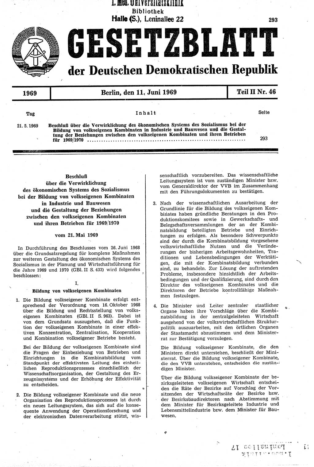 Gesetzblatt (GBl.) der Deutschen Demokratischen Republik (DDR) Teil ⅠⅠ 1969, Seite 293 (GBl. DDR ⅠⅠ 1969, S. 293)