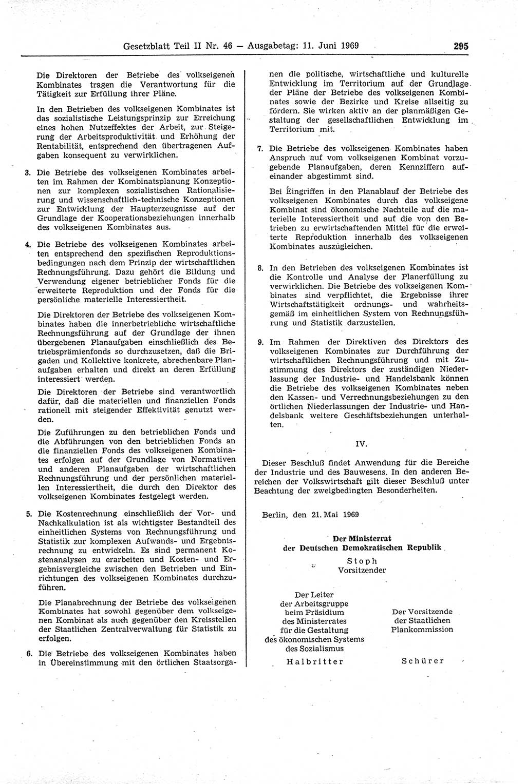 Gesetzblatt (GBl.) der Deutschen Demokratischen Republik (DDR) Teil ⅠⅠ 1969, Seite 295 (GBl. DDR ⅠⅠ 1969, S. 295)