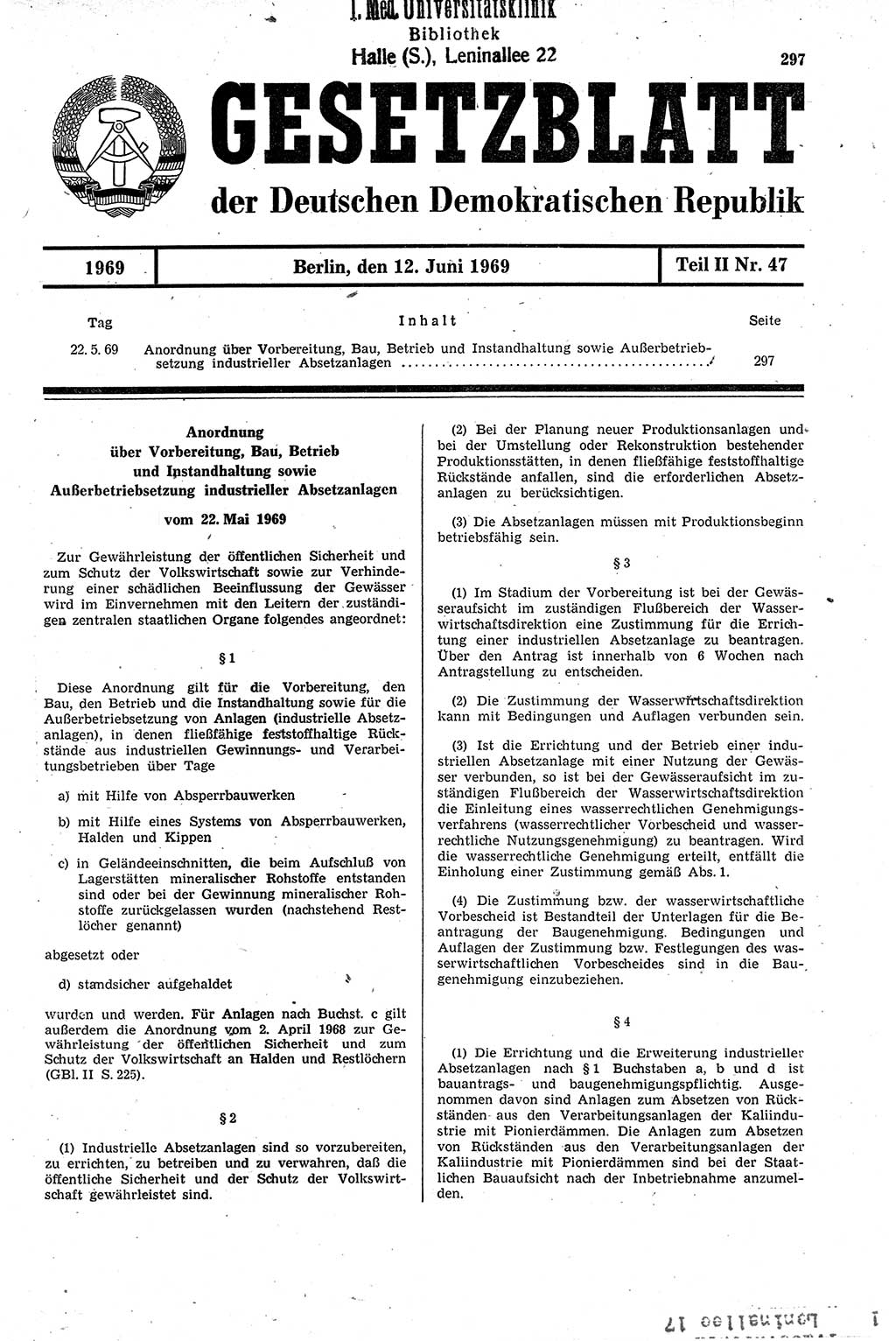 Gesetzblatt (GBl.) der Deutschen Demokratischen Republik (DDR) Teil ⅠⅠ 1969, Seite 297 (GBl. DDR ⅠⅠ 1969, S. 297)