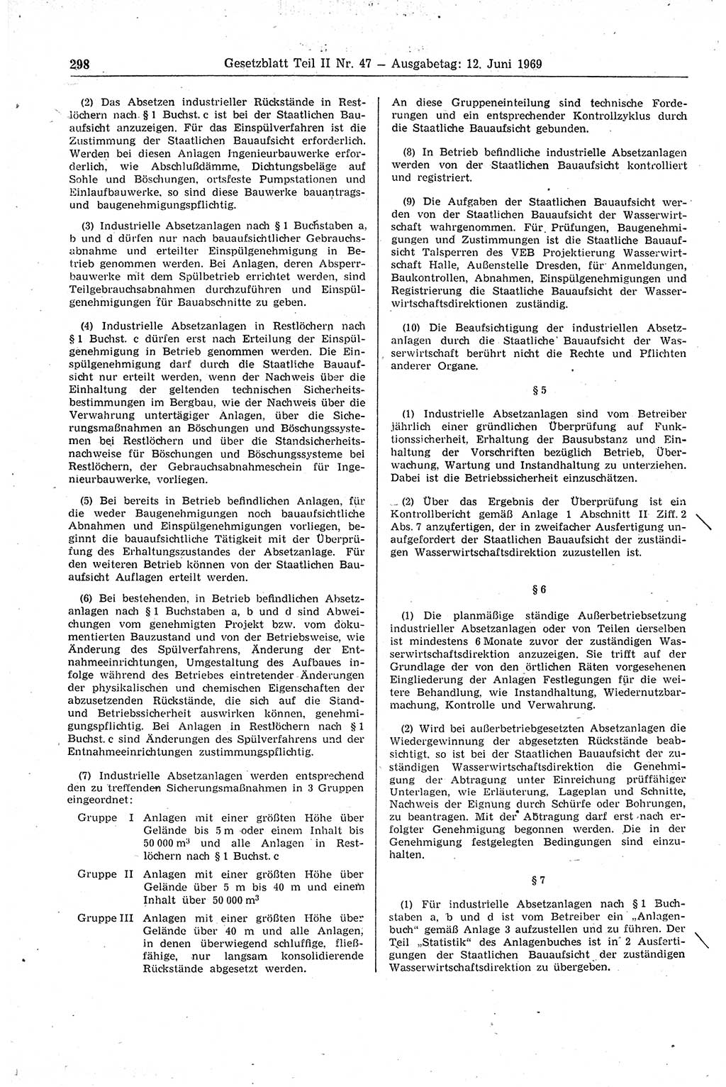 Gesetzblatt (GBl.) der Deutschen Demokratischen Republik (DDR) Teil ⅠⅠ 1969, Seite 298 (GBl. DDR ⅠⅠ 1969, S. 298)
