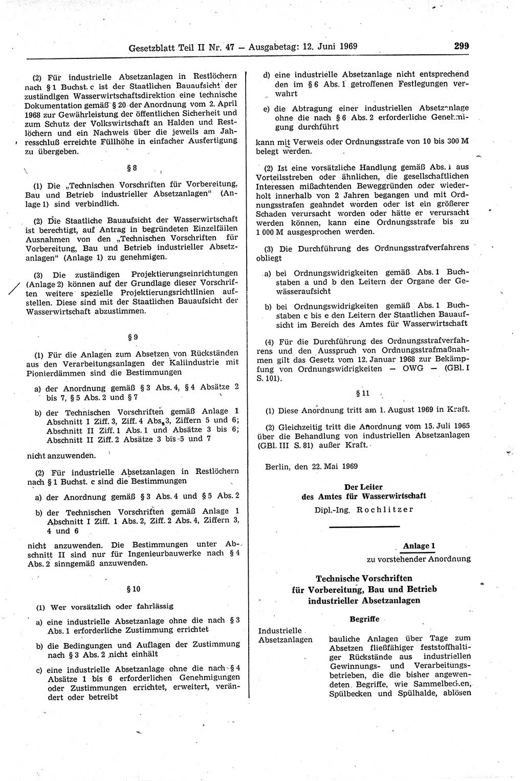 Gesetzblatt (GBl.) der Deutschen Demokratischen Republik (DDR) Teil ⅠⅠ 1969, Seite 299 (GBl. DDR ⅠⅠ 1969, S. 299)